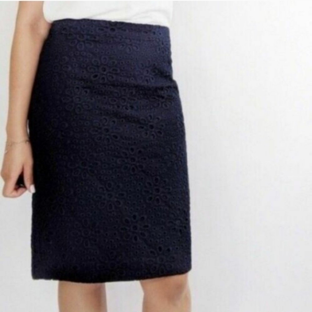 J. Crew Floral Eylet Navy Blue Pencil Skirt